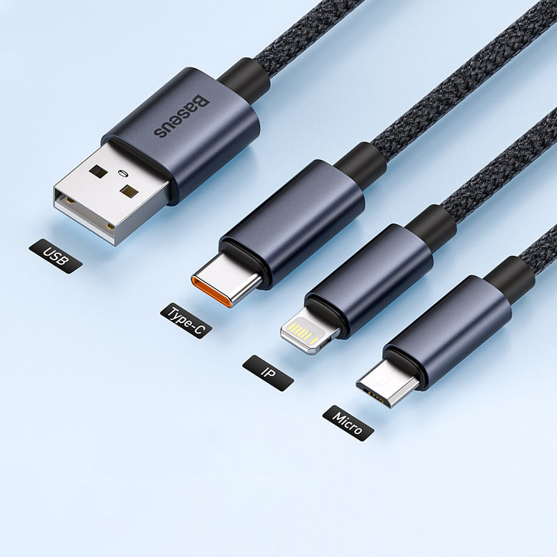 Cabo Baseus Ultra 3 em 1 - USB-C, Micro USB e Lightning
