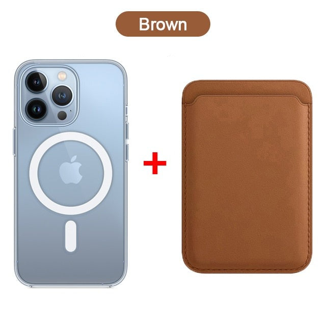 Kit Exclusivo Duo MagSafe iPhone - Linha 15 | Case Transparente + Carteira Magnética em Couro