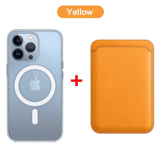Kit Exclusivo Duo MagSafe iPhone - Linha 15 | Case Transparente + Carteira Magnética em Couro