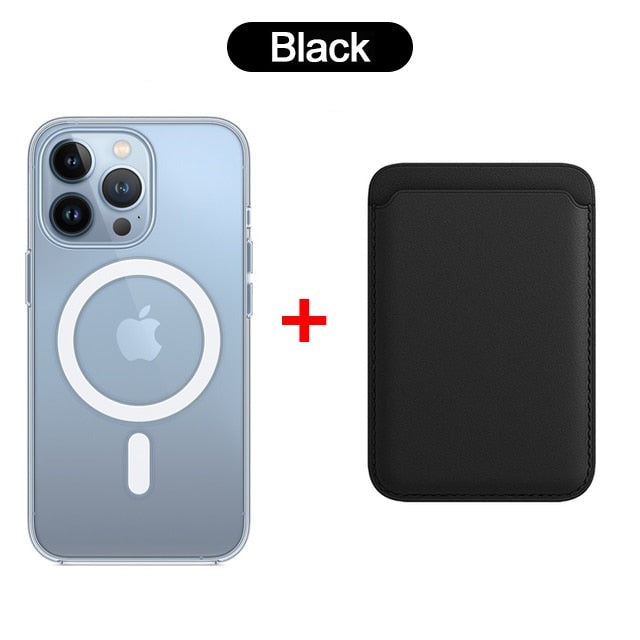Kit Exclusivo Duo MagSafe iPhone - Linha 15 | Case Transparente + Carteira Magnética em Couro