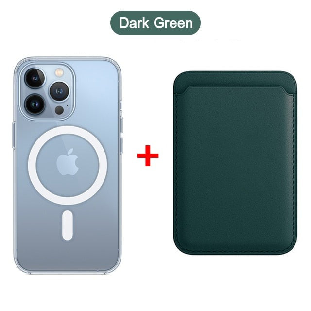 Kit Exclusivo Duo MagSafe iPhone - Linha 15 | Case Transparente + Carteira Magnética em Couro