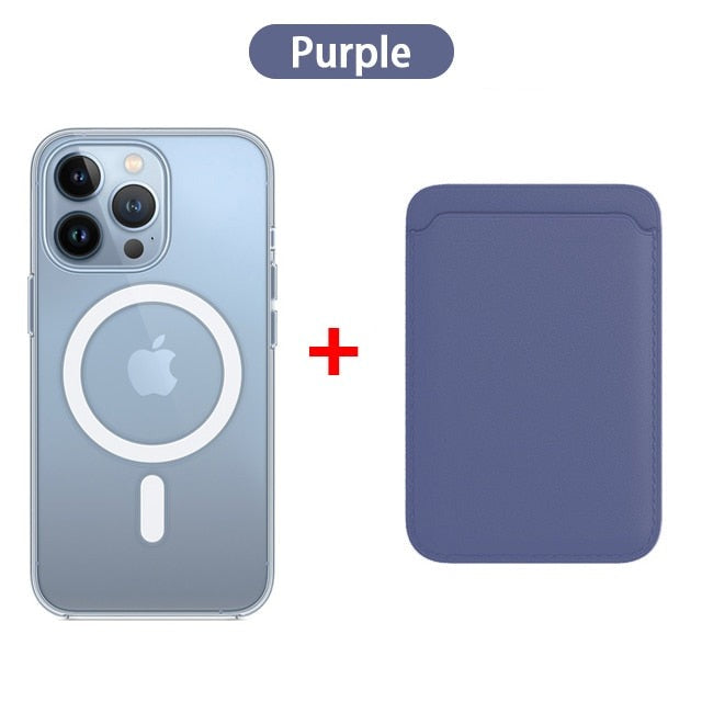 Kit Exclusivo Duo MagSafe iPhone - Linha 15 | Case Transparente + Carteira Magnética em Couro
