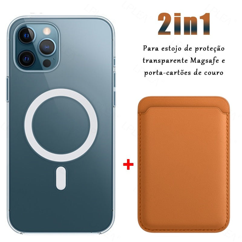 Kit Exclusivo Duo MagSafe iPhone - Linha 15 | Case Transparente + Carteira Magnética em Couro